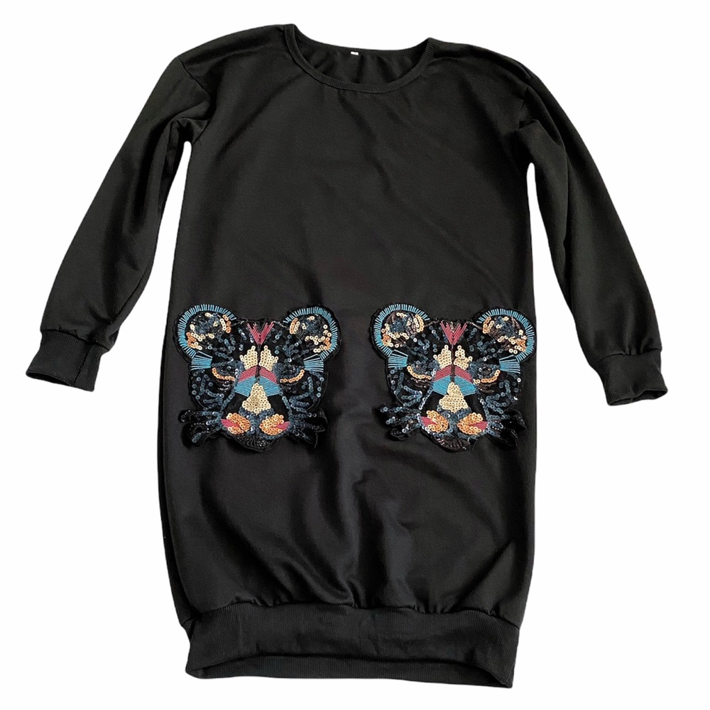 🐯Tiger (juniors) long sleeve sweater dress w/ art deco pockets, black - Picture 13 of 13